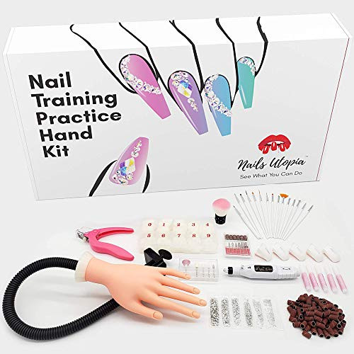 Practice Hand for Acrylic Nails with Electric Nail Drill   Pass Your Boards Like a Pro  Manicure Set includes Nail Training Practice Hand 11pc Drills 15pc Brushes 500 False Nail Tips Rhinestones