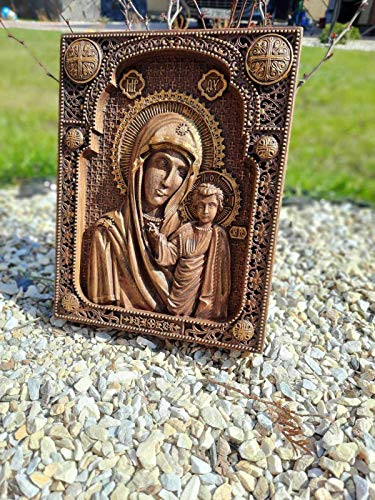 Our Lady of Kazan Theotokos Orthodox Icon Wood Carved Religious Virgin Mary Icon Christian Gifts Wedding Anniversary gifts housewarming gifts Wall Hanging Art Work