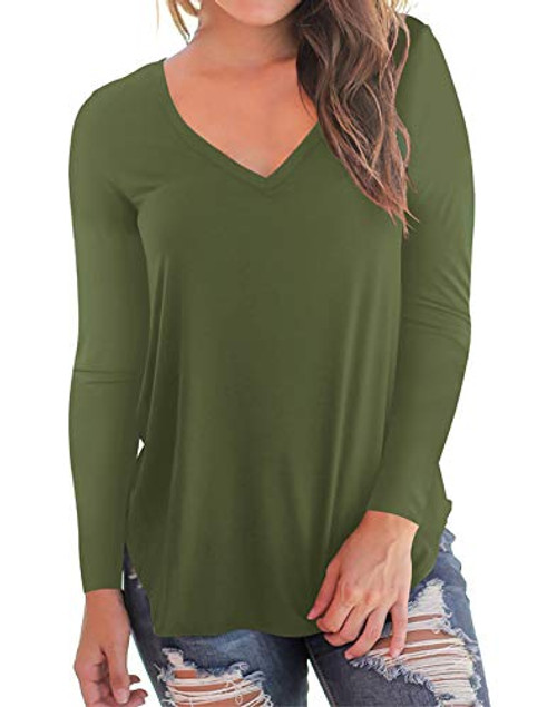 Womens V Neck Long Sleeve Loose Casual T-Shirts Tops Army Green L