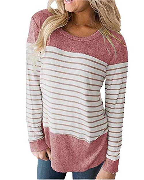 Womens Tops Long Sleeve T Shirt Color Block Striped Shirt Casual Tunic Pink XL