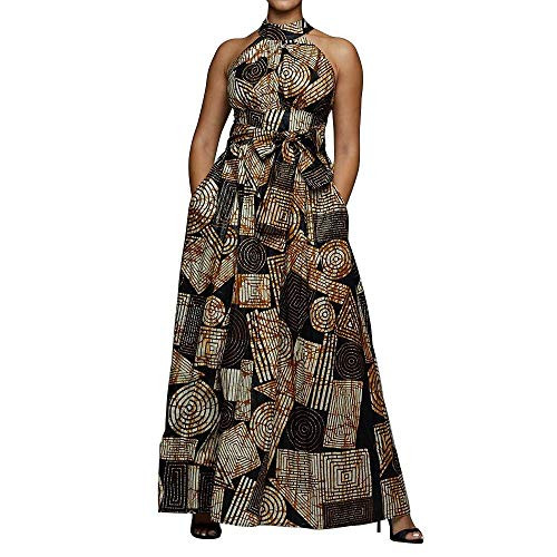 VERWIN Floor Length Lace-Up High Waist Stand Collar Sleeveless Womens Maxi Dress Print Dress Brown XXL