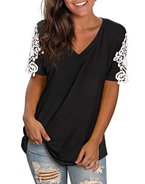 Summer T-Shirts for Women V Neck Casual Short Sleeve Tops Lace Blouses Black M Summer T-Shirts for Women V Neck Casual Short Sleeve Tops Lace Blouses Black M