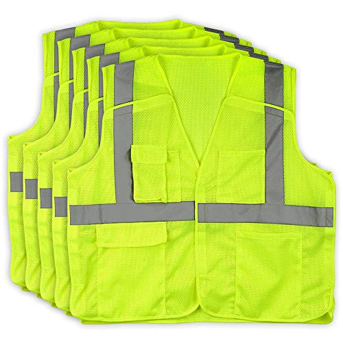 SAFEGEAR 5-pk. Type R Class 2 Safety Vest with Pockets  and  Hook Loop 5-Point Breakaway Closure - 4XL 5XL Polyester Mesh Lime Yellow High Visibility Vest for Men  and  Women - J. J. Keller  and  Associates