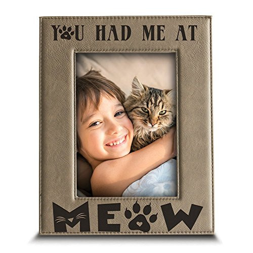 BELLA BUSTA- You Had Me at Meow- cat Lover Gift-Cat Frame-Pet Frame-Engraved Leather Picture Frame (4"x 6" Vertical)