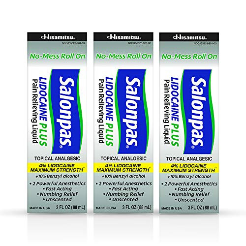 Salonpas LIDOCAINE PLUS 3 oz ROLL ON Pain Relieving Liquid Maximum Strength 4 percent Lidocaine for Numbing Pain Relief MESS FREE Application  3 PACK