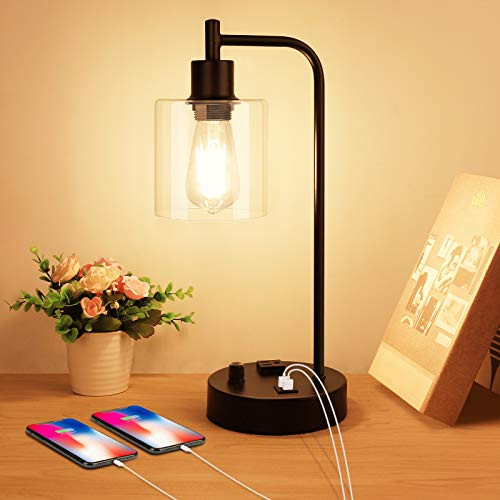 Industrial Table Lamp Stepless Dimmable Vintage Bedside Nightstand Lamp with 2 USB Ports and AC Power Outlet Glass Shade Farmhouse Lamp for Bedroom Living Room Office LED Bulb Included
