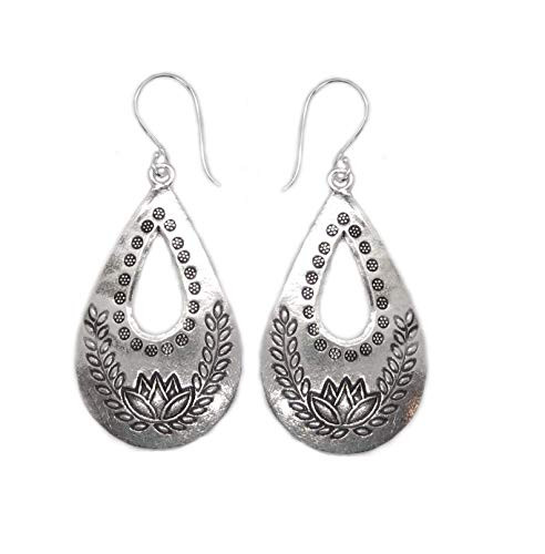 Sterling Silver Large Lotus Flower Earrings Handmade Oval Drop shape Floral Boho Hippie Statement Dangle earrings Gift for Her
