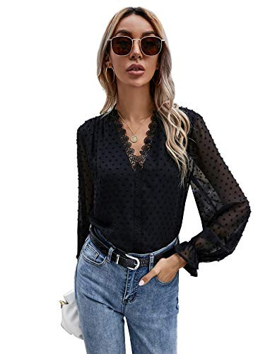SheIn Womens Long Flounce Sleeve Blouse Shirt V Neck Scallop Trim Solid Tops Black XS