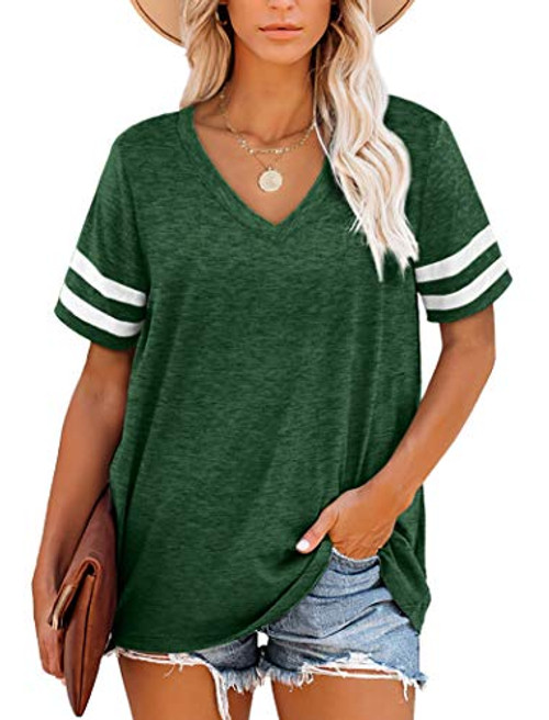 Spring Tops for Women V Neck Tee Shirts Short Sleeve Loose Tshirts Green XL