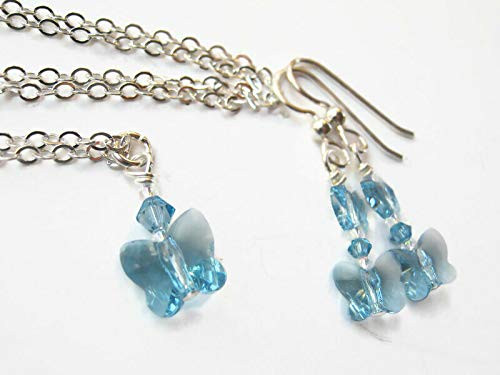 18 inch Aquamarine Swarovski Butterfly Necklace and Earrings Set.925 Sterling Silver Swarovski Crystal Jewelry 18 inch Aquamarine Swarovski Butterfly Necklace and Earrings Set.925 Sterling Silver Swarovski Crystal Jewelry