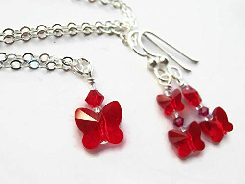 18 inch Ruby Swarovski Butterfly Necklace and Earrings Set.925 Sterling Silver Swarovski Crystal Jewelry 18 inch Ruby Swarovski Butterfly Necklace and Earrings Set.925 Sterling Silver Swarovski Crystal Jewelry