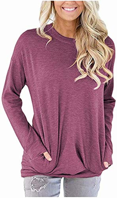 Akihoo Long Sleeve T Shirts with Pocket Women Casual Loose Fitting Tunics Tops Solid Sweatshirt Crew Neck Pullover Blouse S