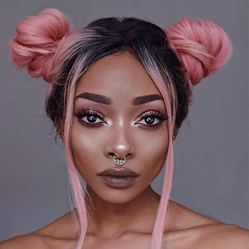 Faeryle Glueless Pink Ombre Wig Long Wavy Synthetic Lace Front Wigs Colorful with Dark Roots L Part for Women 22inches
