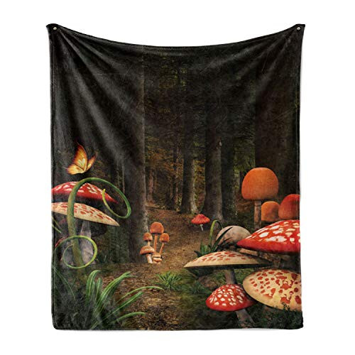Ambesonne Mushroom Soft Flannel Fleece Throw Blanket Mushrooms in Deep Dark Forest Fantasy Nature Theme Earth Path Cozy Plush for Indoor and Outdoor Use 70 inch  x 90 inch  Pomegranate Green