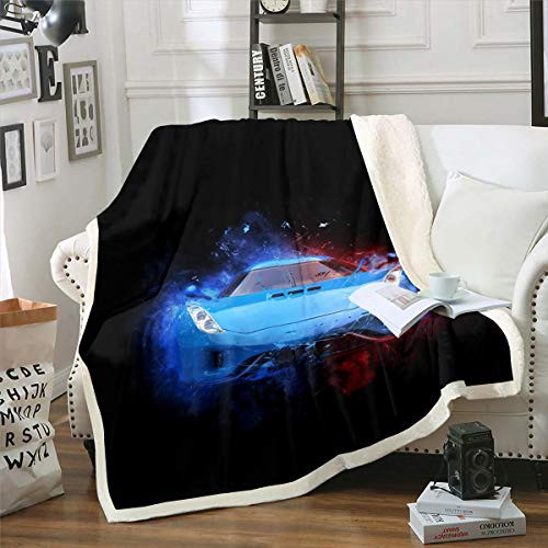 Race Car Fleece Throw Blanket Throw 50 inch x60 inch  for Bed Sofa Couch Men Speed Sports Car Sherpa Blanket Decorative Extreme Sports Theme Plush Blanket Soft Blue Automobile Fuzzy Blanket