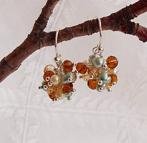 Small Green Fresh Water Pearls White Swarovski Pearls Soft and Dark Brown Glass Crystal Rondelles Dangle Cluster Sterling Silver Earrings Small Green Fresh Water Pearls White Swarovski Pearls Soft and Dark Brown Glass Crystal Rondelles Dangle Cluster Sterling Silver Earrings