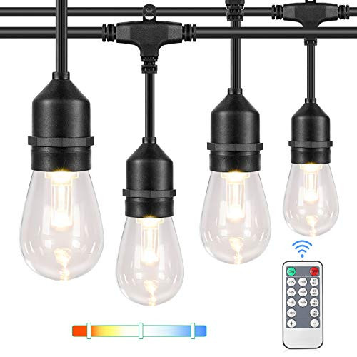 3 Color Dimmable LED Outdoor String Lights with Remotes 48FT Waterproof Patio Hanging Lights with Shatterproof E26 S14 LED Bulbs for Bistro Cafe Pergola Party Warm White Nature White Daylight White