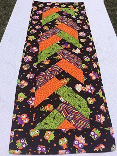 Halloween Table Runner Table Topper in A Novelty Owls Orange Purple and Green Color Braided Handmade Homemade Quilt Quilted