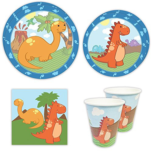 Blue Orchards Little Dinosaur Standard Party Packs (65+ Pieces for 16 Guests!), 1st Birthday Tableware, Dinosaur Party Supplies, Dinosaur Baby Shower Decorations
