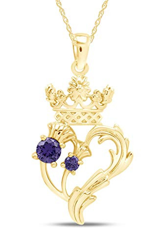 AFFY Luckenbooth  Scottish Symbol of Love  Thistle Heart Crown Simulated Amethyst Pendant Sterling Silver