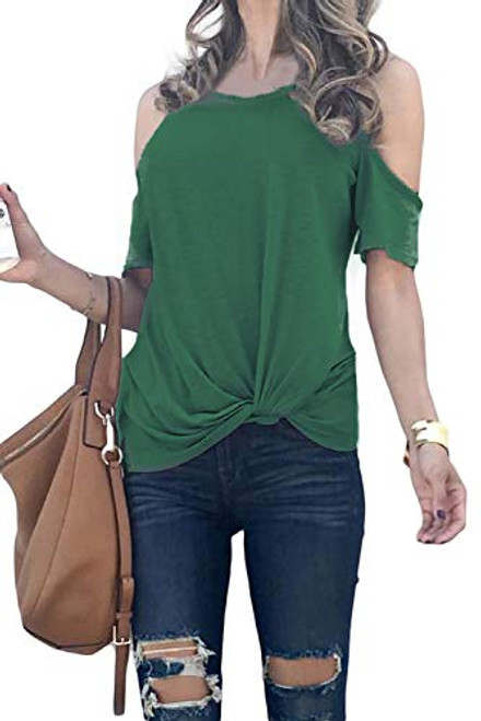 QACOHU Womens Cold Shoulder Tops Short Sleeve Knot Twist Front T-Shirt Tunics S-XXL  Green L