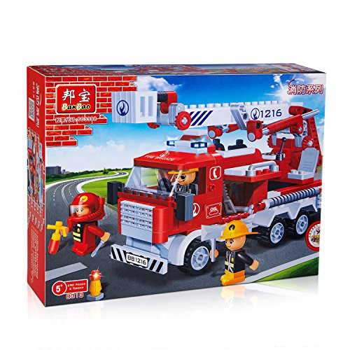 BanBao City Fire Ladder Truck Vehicle Building Set (290 Pieces) Building Blocks Toy With Action Rescue Ladder, Fire-Men & Driver For Kids