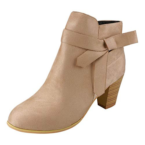 AOKASII Ankle Boots for WomenWomens Ankle Boots Slip on Side Zipper Pointed Toe Chunky Stacked Mid Heel Booties Beige