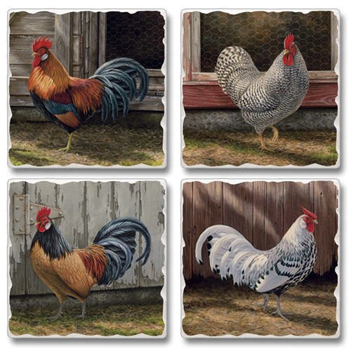 Barnyard Roosters - Square Tumbled Stone Coasters
