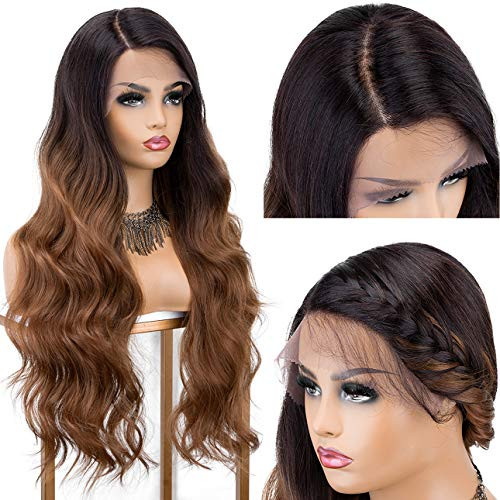 Kryssma Brown Lace Front Wig Ombre L Part Synthetic Wig with Dark Roots Long Wavy Brown Ombre Wigs for Women Deep Side Parting