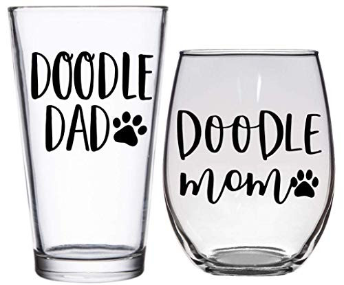 Doodle Mom  and  Dad Glass Set - Premium 21oz Stemless Wine Glass - 16oz Pint Glass - Gift for Doodle Lovers