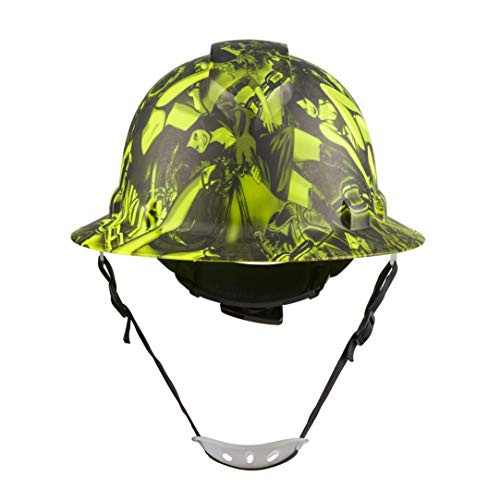 Full Brim Customized Ridgeline Hi Vis Lime Hard Hat Custom Ladykiller Design Safety Helmet With 6 Point Suspension  and  Chin Strap By Acerpal