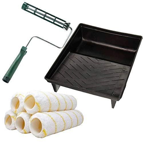 Durable Paint Roller Frame 9 Inch with Heavy Duty Plastic Tray 2 Quart Capacity and Paint Roller Covers - 1 2 X 9 Inch Microfiber 5 Pcs