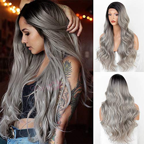 Ombre Grey Wig with Dark Roots Long Wavy Synthetic Lace Front Wigs for Women Heat Resistant Ombre Wig with Natural Hairline 22 inches Ombre Grey Wig with Dark Roots Long Wavy Synthetic Lace Front Wigs for Women Heat Resistant Ombre Wig with Natural Hairline 22 inches