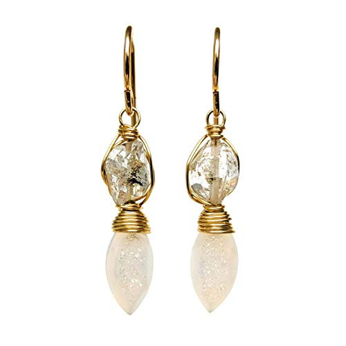White Druzy Quartz Crystal Dangle Earrings 14 20 Gold-Filled