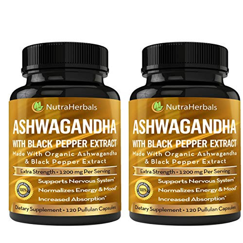 Ashwagandha Supplement Made with Organic Ashwaganda Root Powder 1200mg with Black Pepper Extract for Increased Absorption - 2 Pack