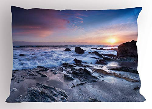 Lunarable English Countryside Pillow Sham Sunset at Finnygook Beach with Foaming Waves and Rocks in Sand Decorative Standard Queen Size Printed Pillowcase 30 inch  X 20 inch  Multicolor