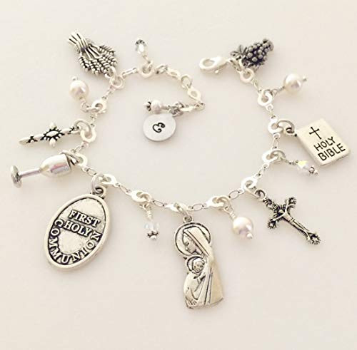 First Communion Charm Bracelet Holy Eucharist Charms Holy Communion Christian Faith Swarovski Elements Personalized Girls First Communion Bracelet Communion Gift Confirmation Gift.