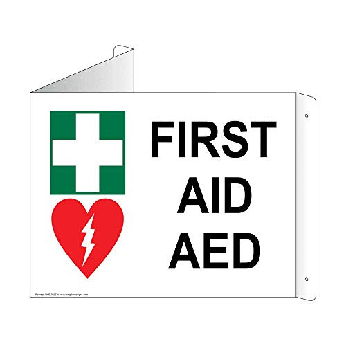 First Aid AED Reflective Wall Sign Triangle Projection-Mount 13x10 inch Aluminum for Emergency Response by ComplianceSigns