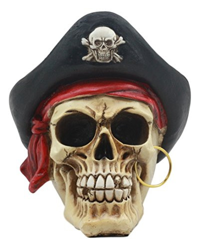 Ebros Pirate Captain Marauder Skull With Golden Earring Statue Captain Hook Skeleton Cranium With Crossbones Hat Figurine