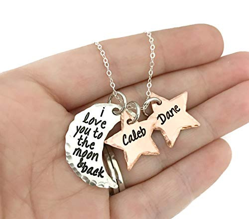 Moon Necklace - I Love You To The Moon and Back Necklace - Rustic Hammered Sterling Silver Copper Moon and Stars - Personalized Necklace - Hand Stamped Jewelry