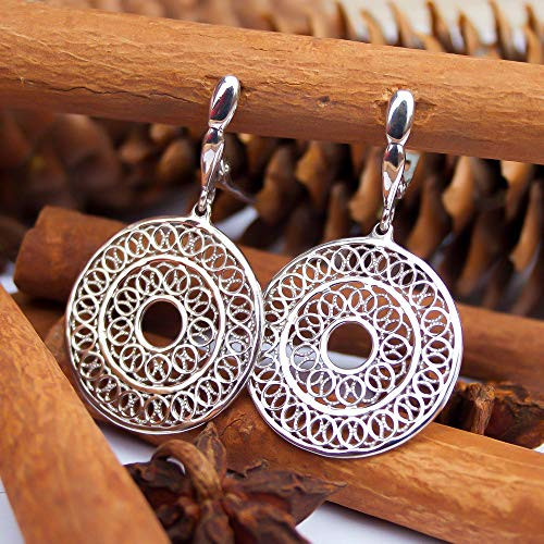 925 Sterling Silver Mandala Chakra Earrings - Round Filigree Disc Dangle Gypsy Earrings - Sacred Geometry Yoga Meditation Hippie Jewelry for Women - Handmade 925 Sterling Silver Mandala Chakra Earrings - Round Filigree Disc Dangle Gypsy Earrings - Sacred Geometry Yoga Meditation Hippie Jewelry for Women - Handmade