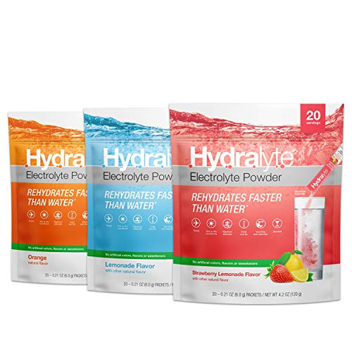 Hydralyte All-Natural Hydration Electrolyte Powder Sticks Instant Dissolve ORS Drink Mix Strawberry Lemonade Orange  and  Lemonade  3  20 Count Pouches