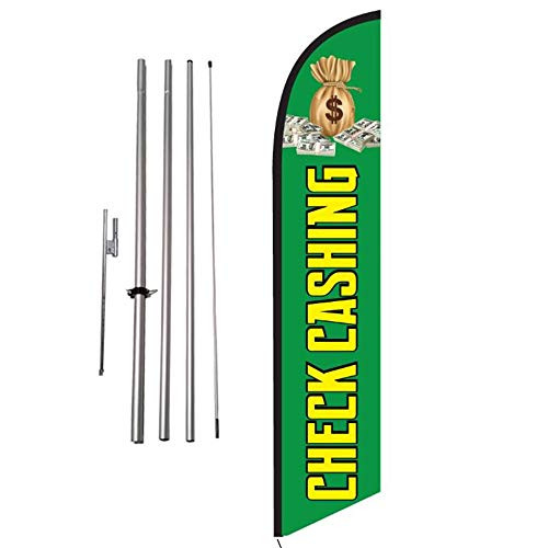 Check Cashing Advertising Feather Banner Swooper Flag Sign with 15 Foot Flag Pole Kit and Ground Stake