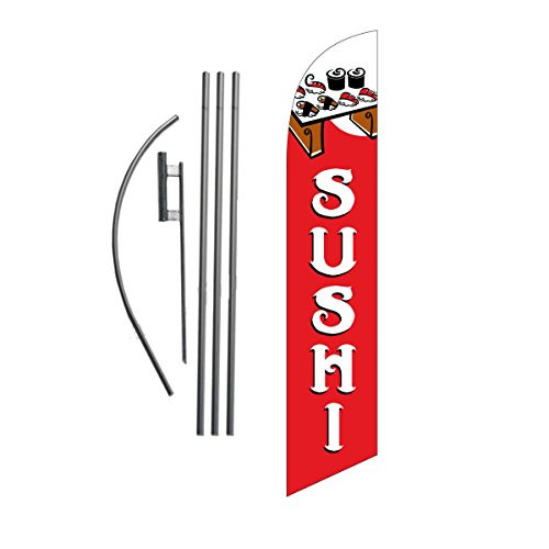 Sushi Restaurant Advertising Feather Banner Swooper Flag Sign with 15 Foot Flag Pole Kit and Ground Stake