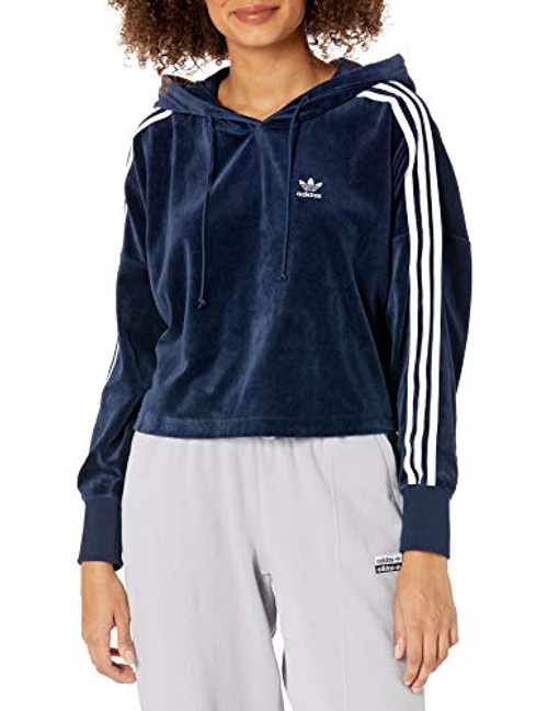 adidas Originals Womens Velour Cropped Hoodie Collegiate Navy White S adidas Originals Womens Velour Cropped Hoodie Collegiate Navy White S