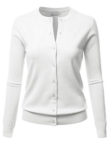 LALABEE Womens Crew Neck Gem Button Long Sleeve Soft Knit Cardigan Sweater White XL