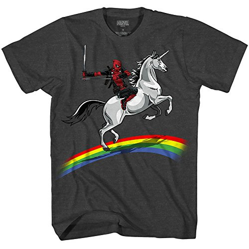 Marvel Mens Deadpool Riding a Unicorn On a Rainbow T-Shirt  XXX-Large Charcoal Heather