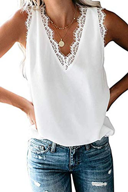 Mosucoirl Women V-Neck Lace Trim Cami Tank top Casual Sleeveless Lightweight Blouse Shirt  WhiteLarge Mosucoirl Women V-Neck Lace Trim Cami Tank top Casual Sleeveless Lightweight Blouse Shirt  WhiteLarge