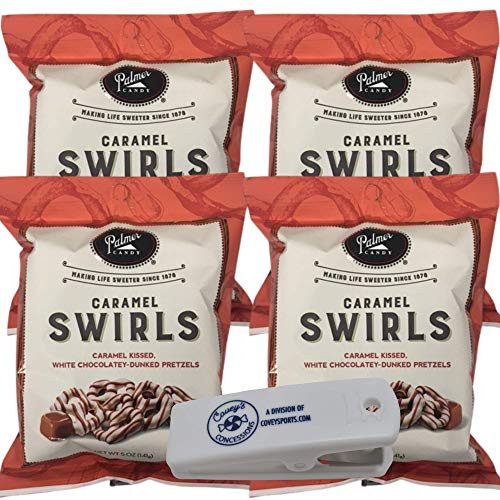 Palmers Candy Caramel Swirl White Chocolate Pretzels - 4-Pack 5 oz Bags - Frosted and Flavored Pretzel Twist Snack Candies Bundled with Coveys Concessions Bag Clip Palmers Candy Caramel Swirl White Chocolate Pretzels - 4-Pack 5 oz Bags - Frosted and Flavored Pretzel Twist Snack Candies Bundled with Coveys Concessions Bag Clip