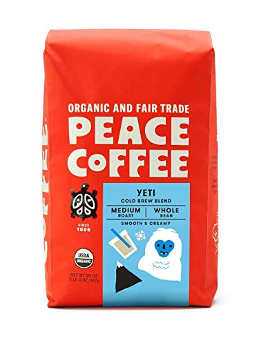 Peace Coffee Yeti Cold Brew Blend  Peru Nicaragua and Guatemala Origins  Organic Fair Trade Medium Roast Coffee Whole Bean 20 oz. Bag